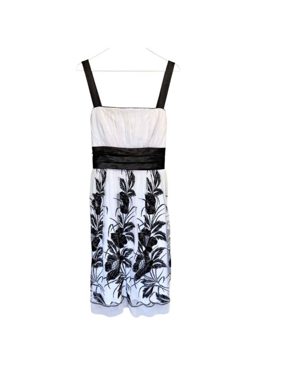 R&M Richards White Midi Dress with Black Floral Embroidery and Black Waistband